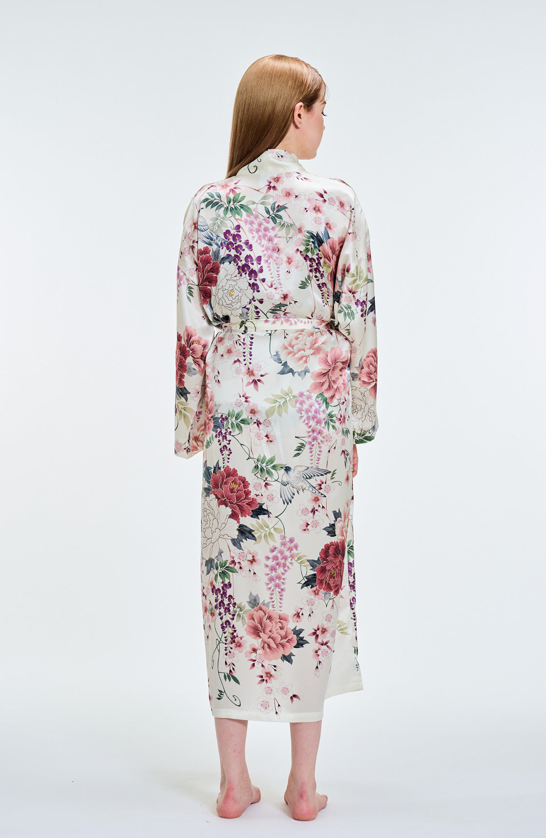 Kimono Silk Robe peonies White