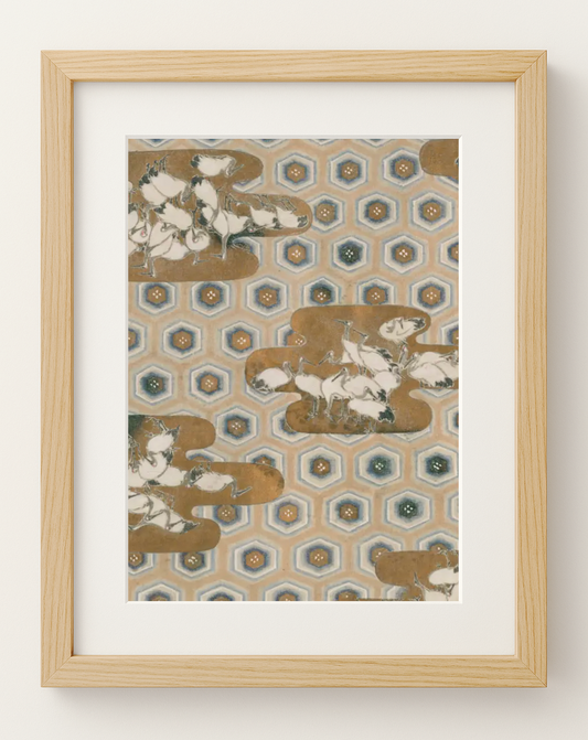 Japanese Art Print with Frame – Cranes and Hexagon Pattern