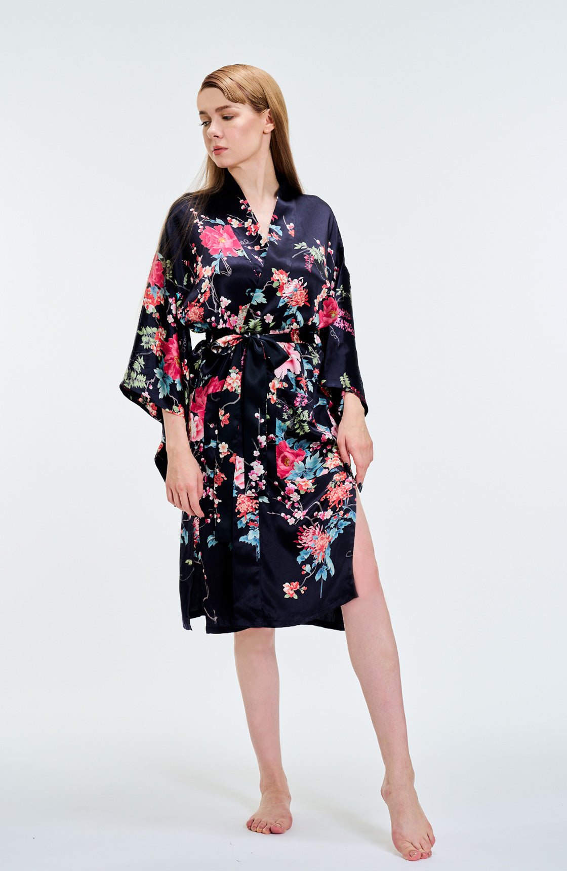 Kimono Silk Robe Peonies Short BK