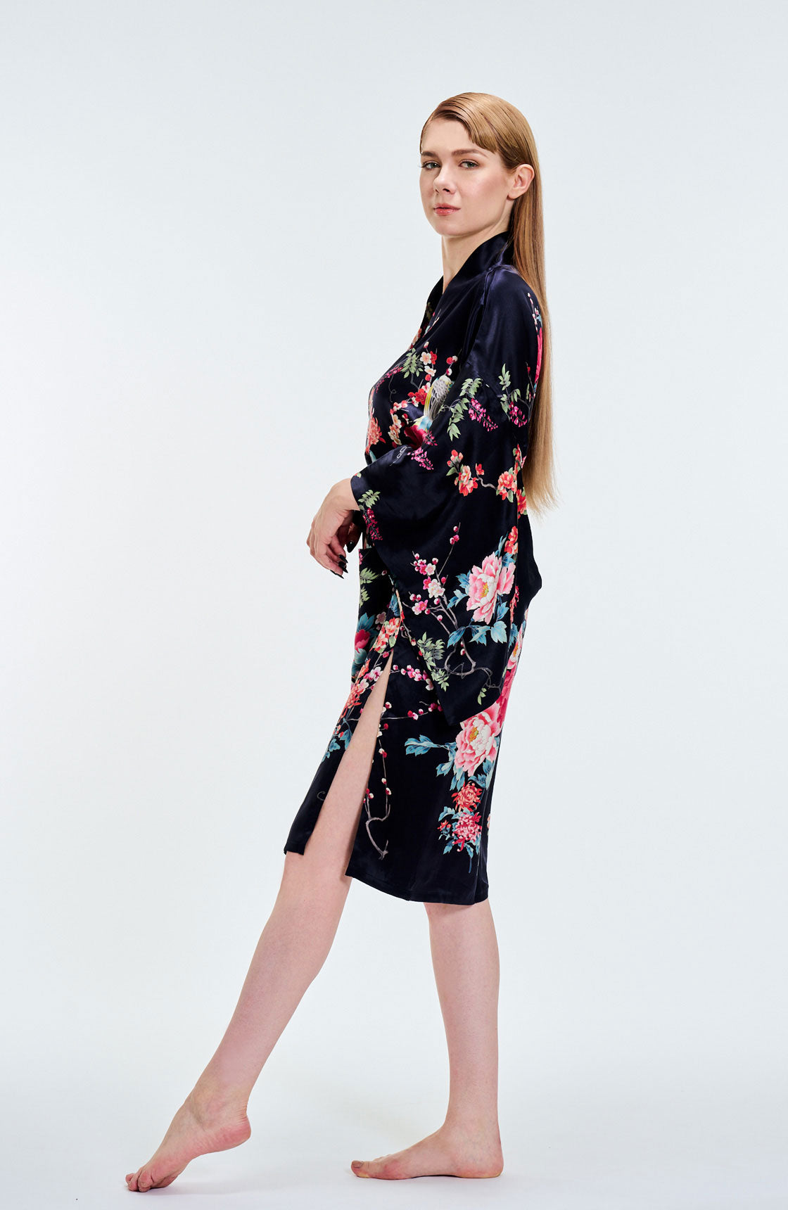 Kimono Silk Robe Peonies Short BK