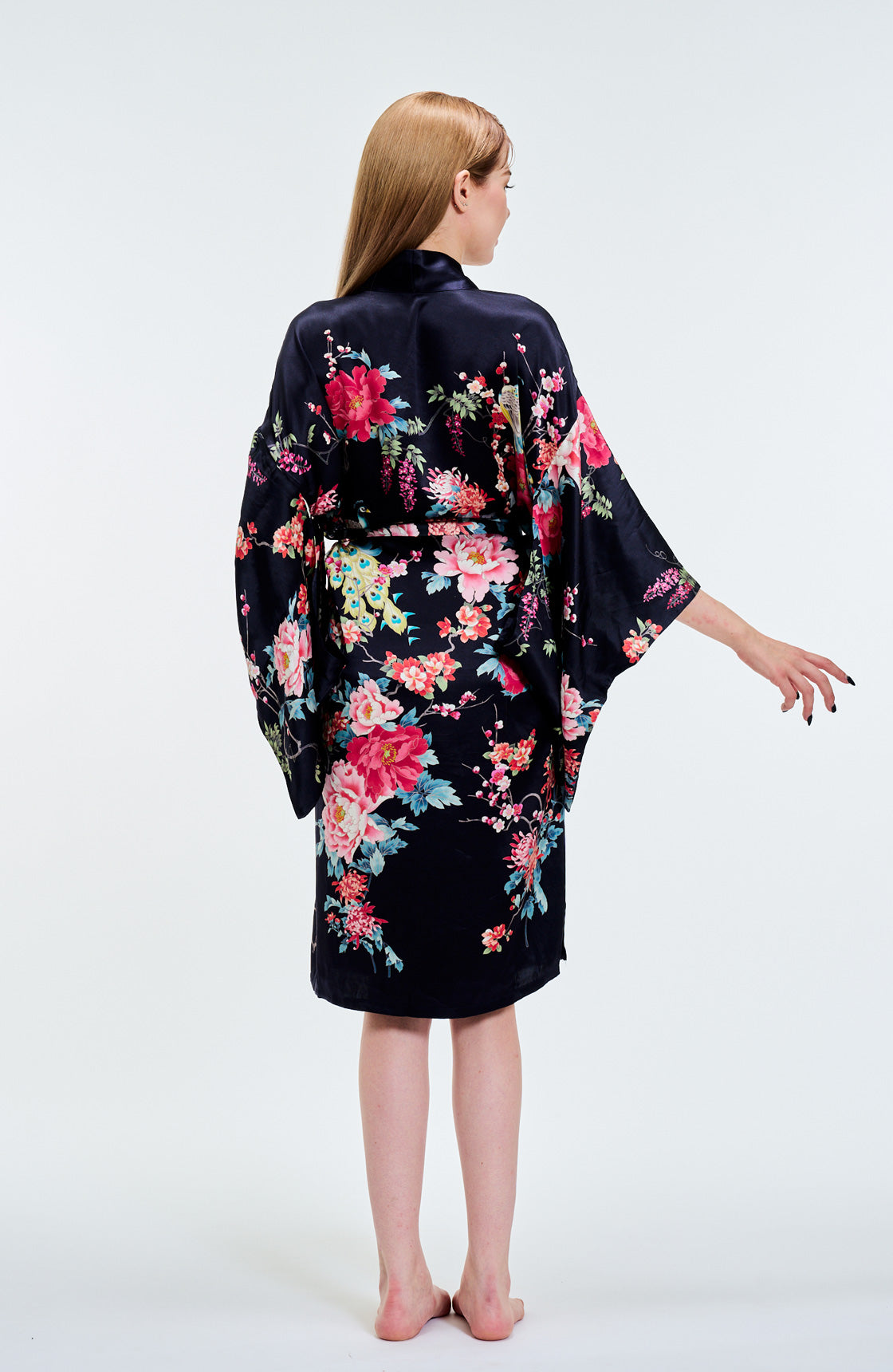 Kimono Silk Robe Peonies Short BK