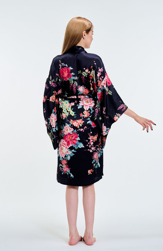 Kimono Silk Robe Peonies Short BK