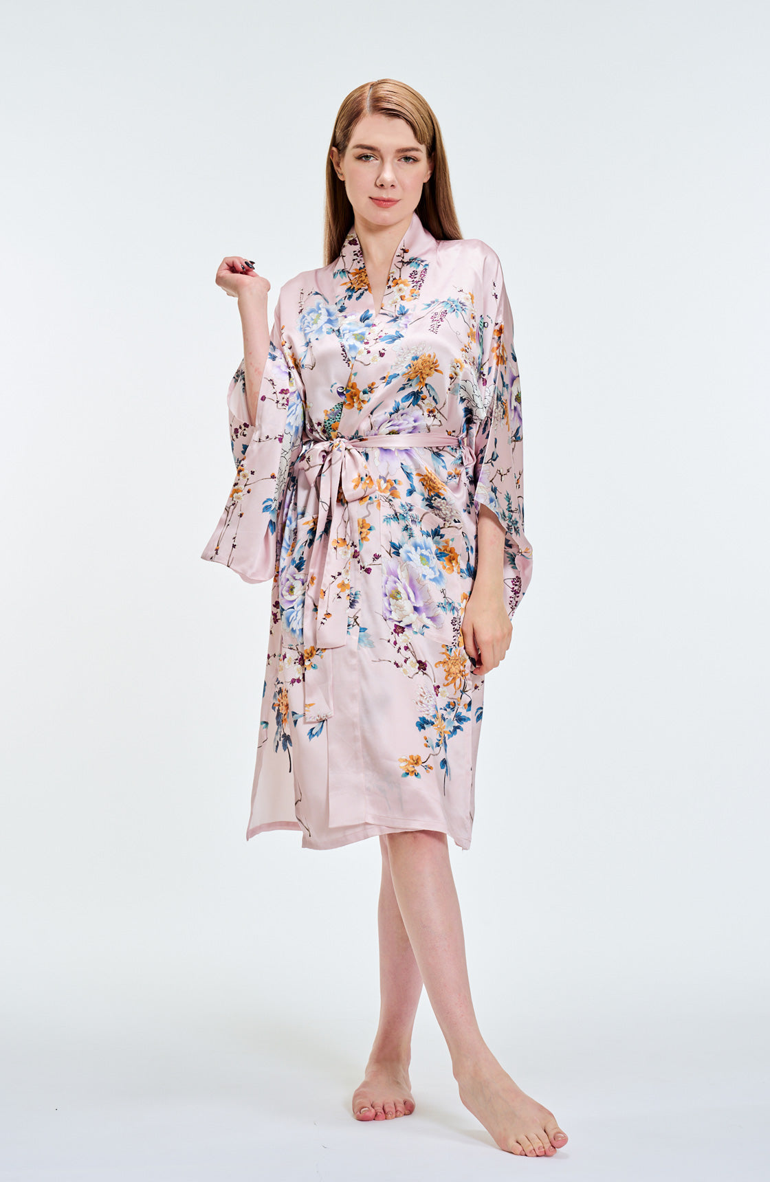 Kimono Silk Robe Peonies Short Pink