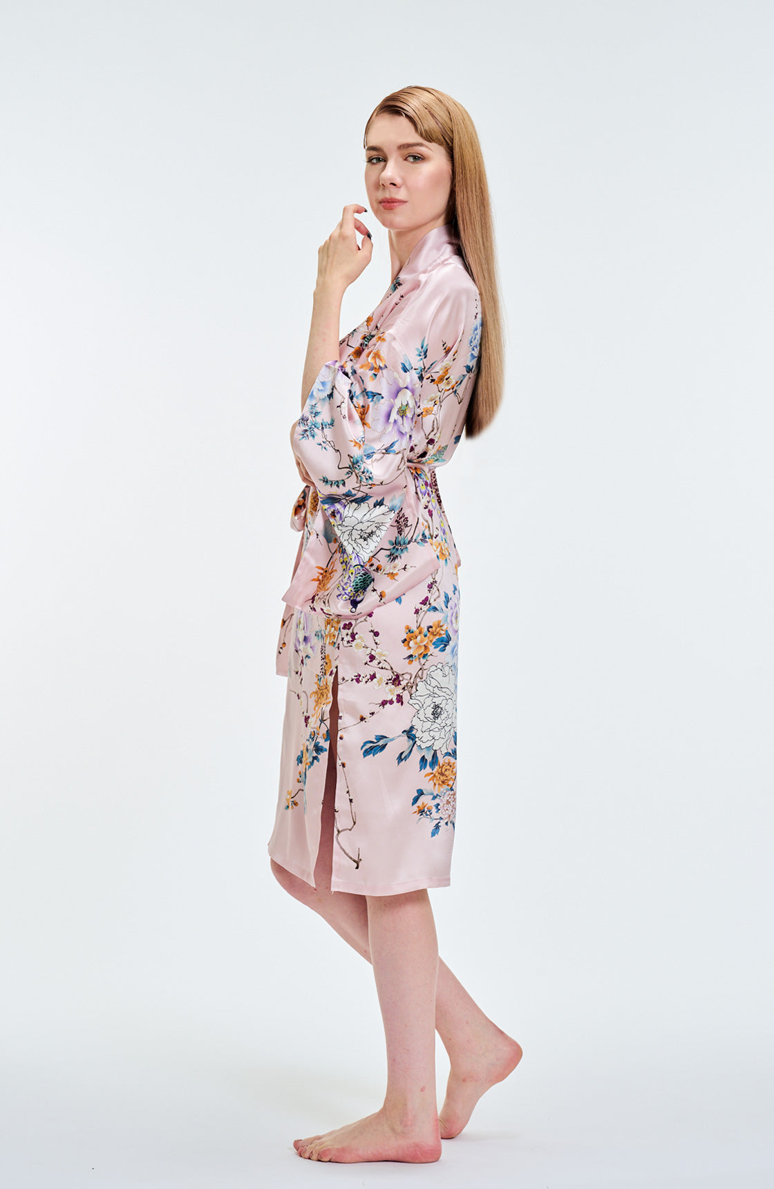 Kimono Silk Robe Peonies Short Pink