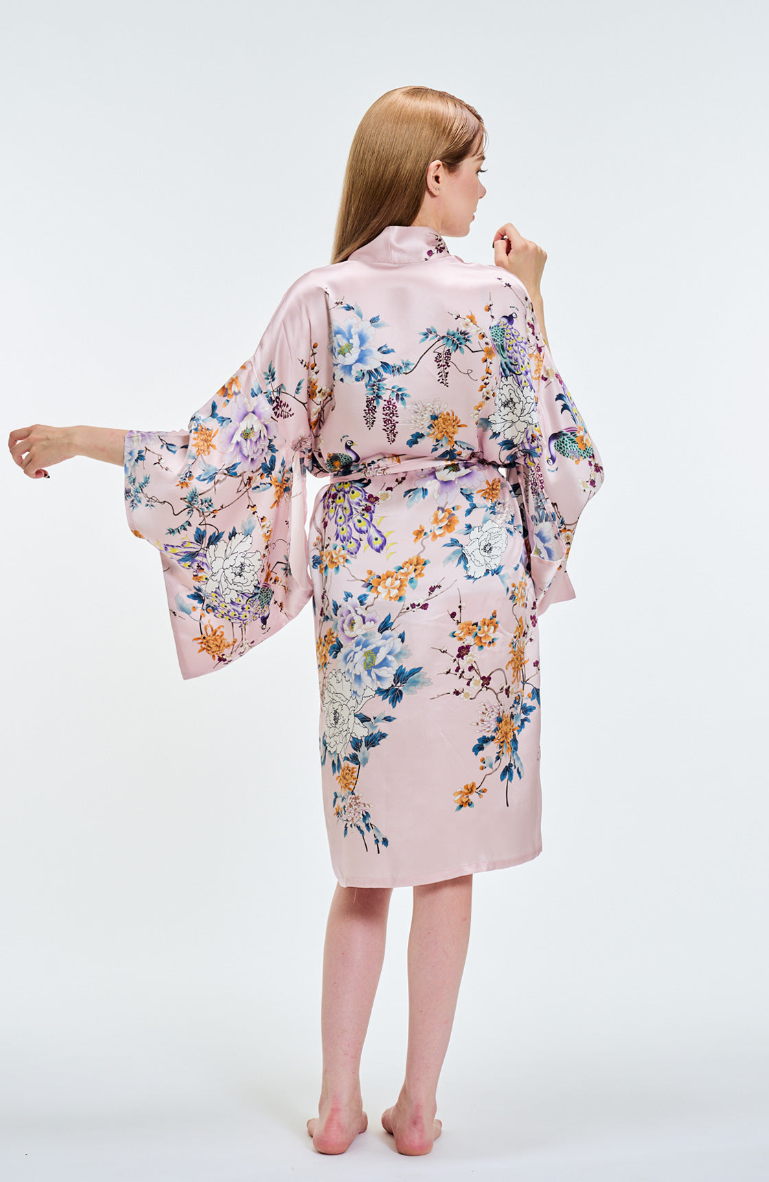 Kimono Silk Robe Peonies Short Pink