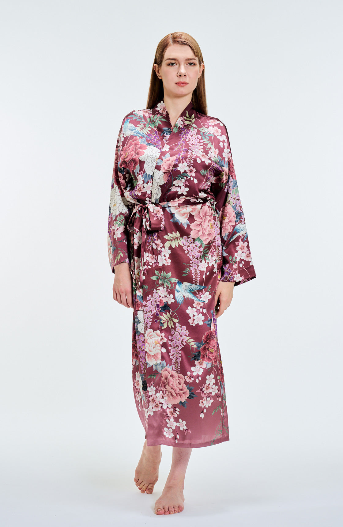 Kimono Silk Robe peonies Red