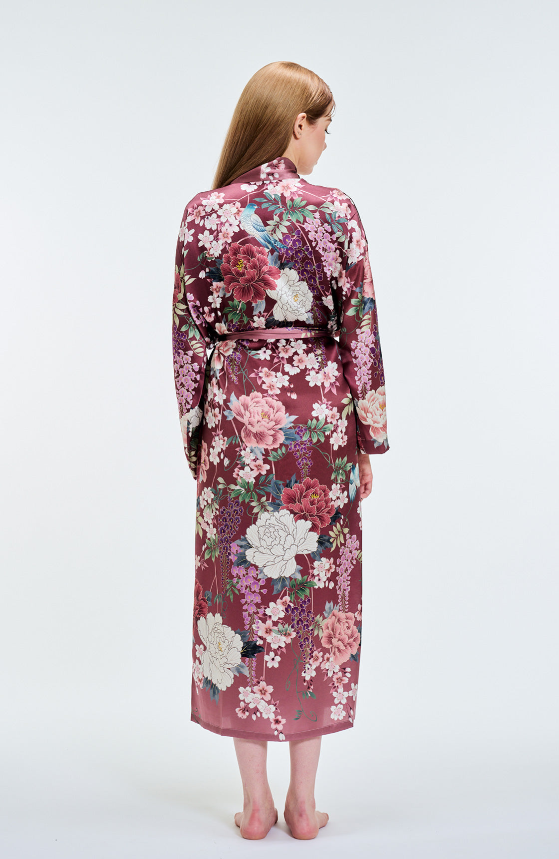 Kimono Silk Robe peonies Red