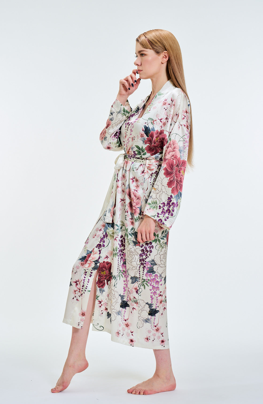 Kimono Silk Robe peonies White